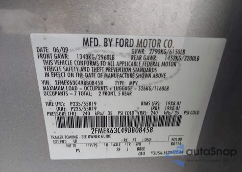2009 Ford Flex Limited from USA, damaged, VIN 2FMEK63C49BB08458